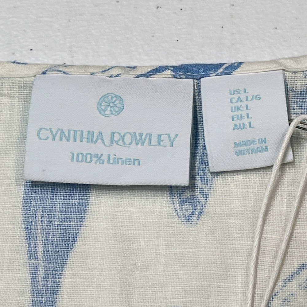 Cynthia Rowley Top White Linen Blue Italian Wine Print L Euro Summer Vacation - Picture 10 of 16